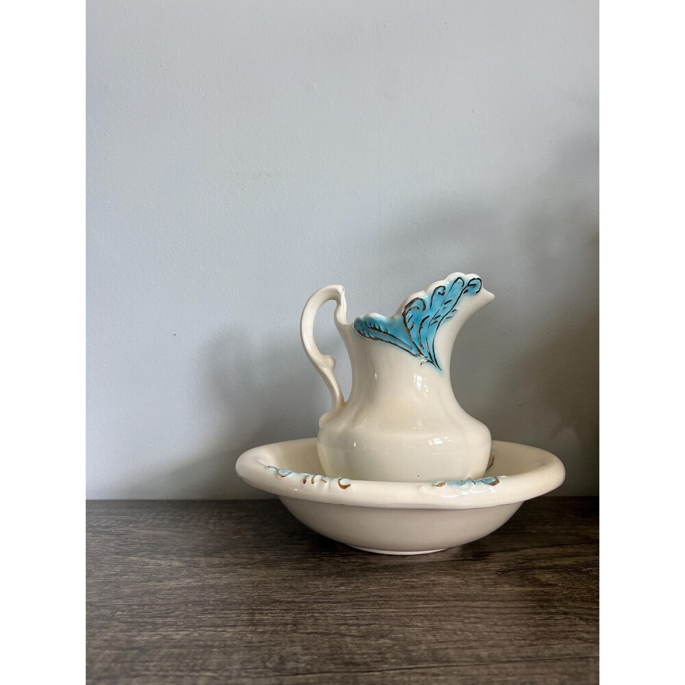 Vintage Ivory with Turquoise and Gold Detail Porcelain Pitcher and Wash Basin
